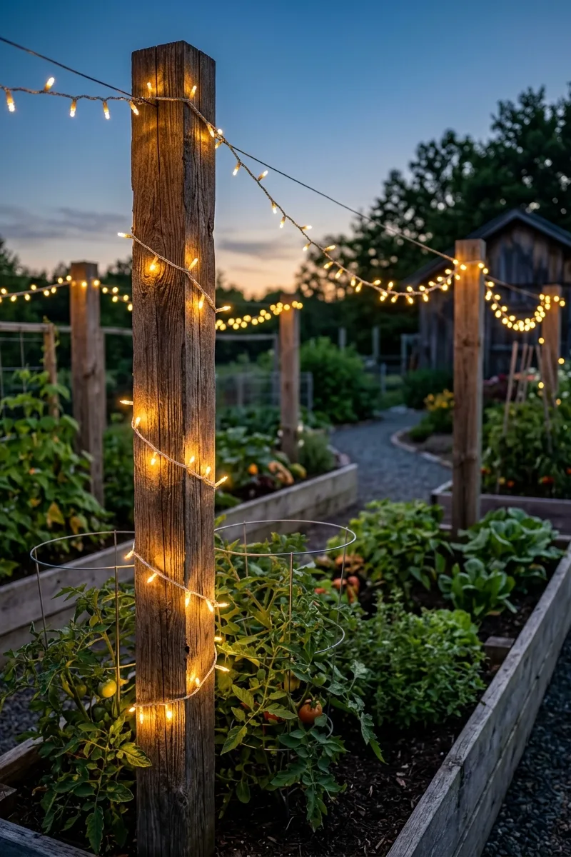Twinkle Lights Along Wooden Posts