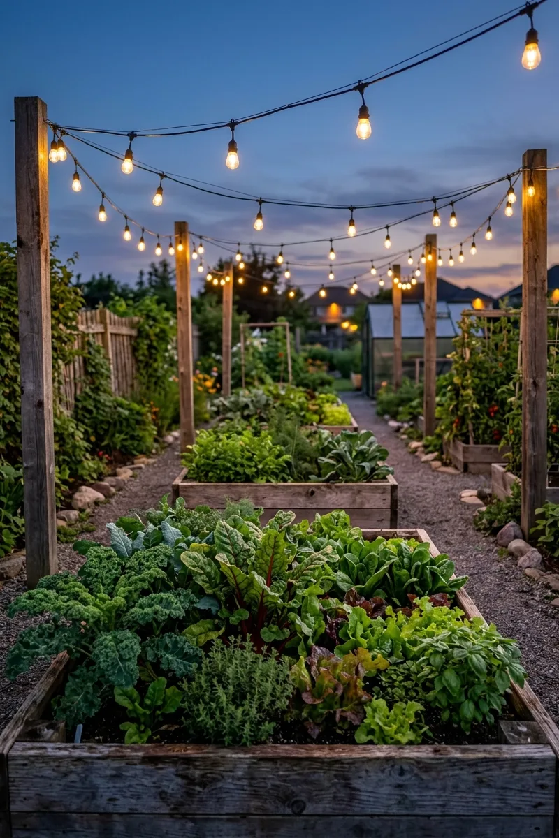 Warm White Globe Lights Over Raised Beds