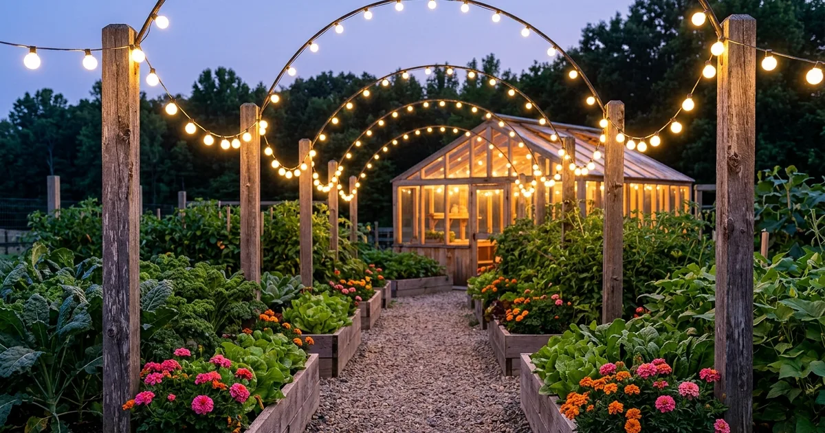 18 Twilight Vegetable Garden Ideas with String Lights and a Greenhouse