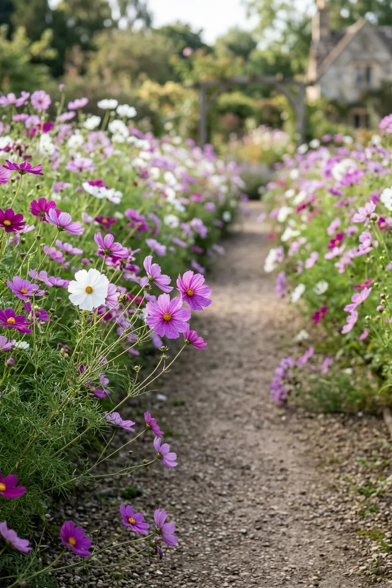 Purple and White Cosmos Walkway