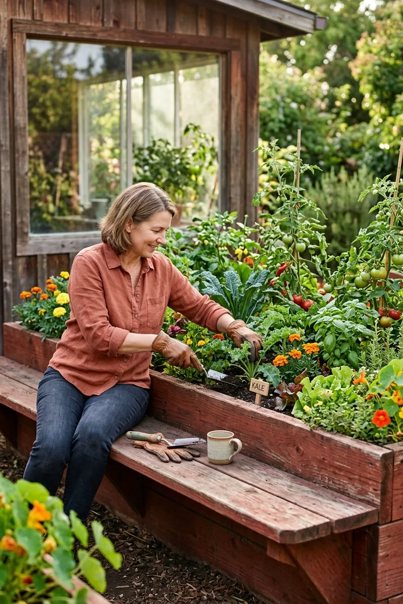 Redwood Planter with Bench