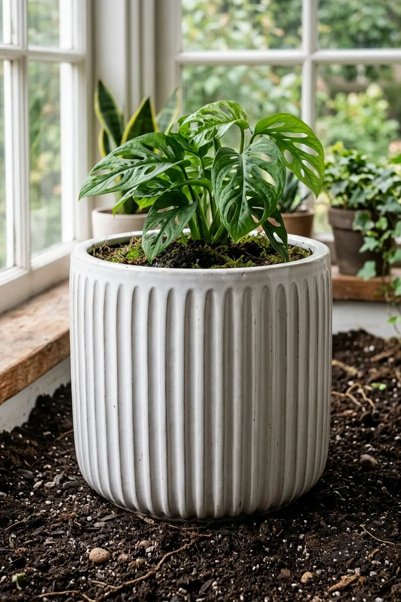 Ribbed White Ceramic Planters